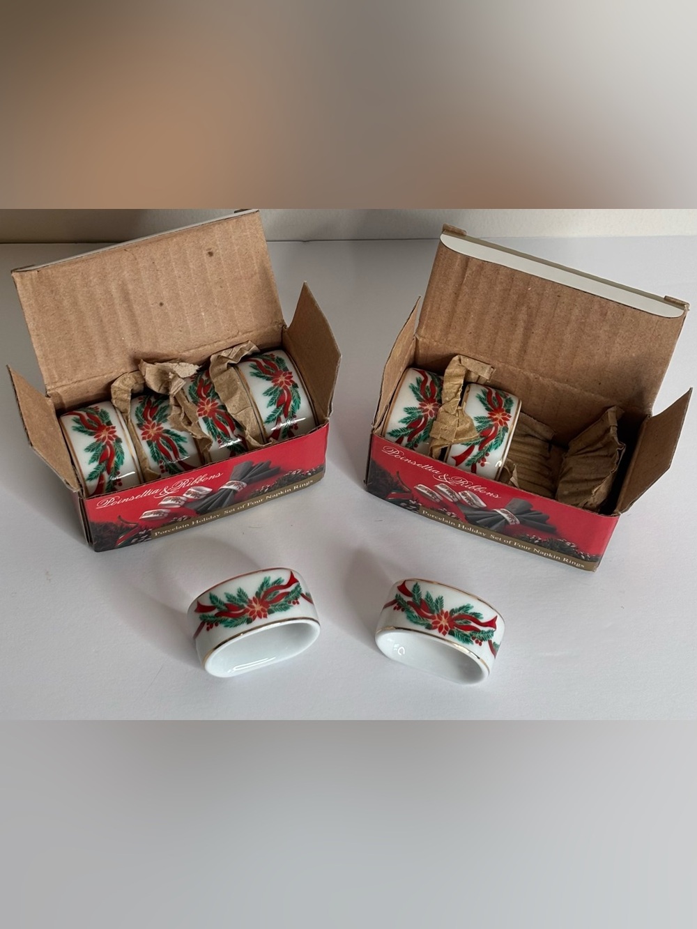 HOLIDAY POINSETTIAS IN RIBBON NAPKIN RINGS (VINTAGE SET OF 8)